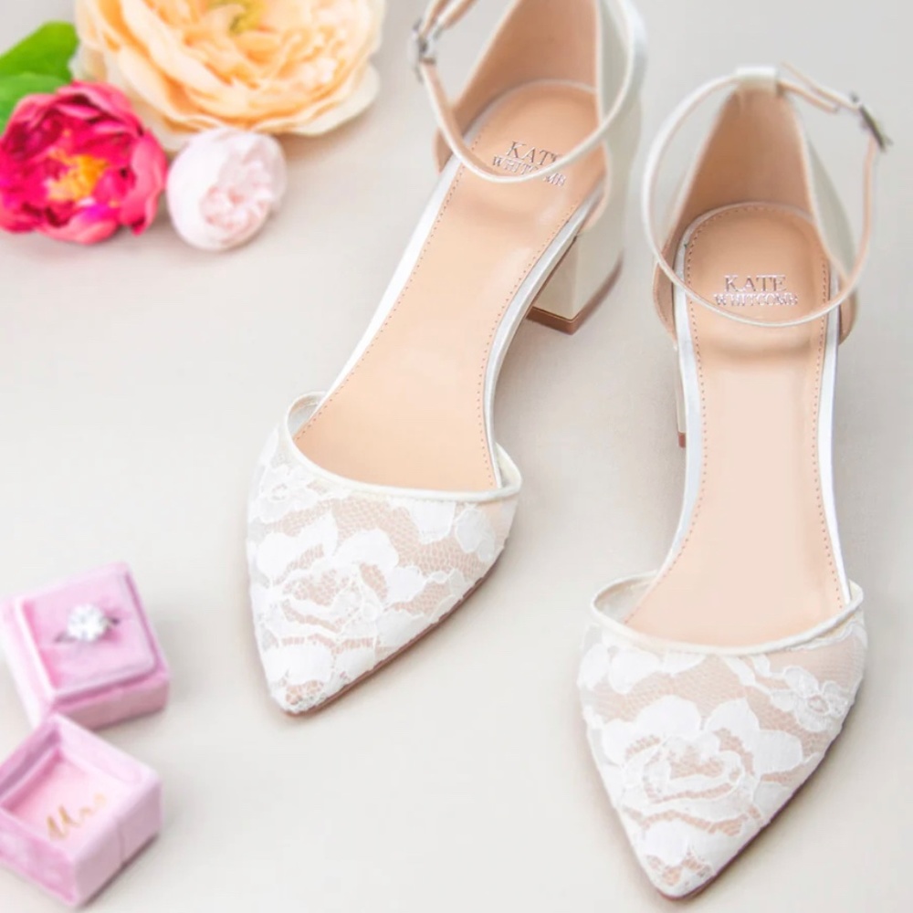 “Elsy” Size 8, Ivory, Low Block Heel, Bridal Shoes (Vegan) Kate Whitecomb